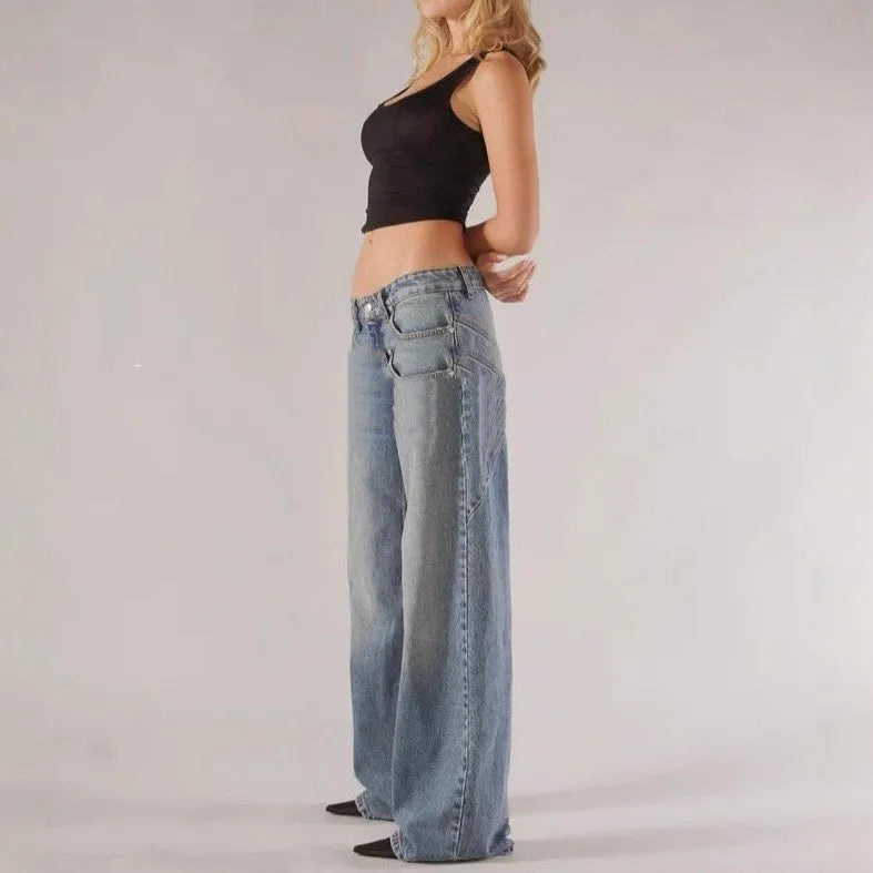 Women's cotton loose straight wide leg mop trousers in blue, light blue and dark grey colour options