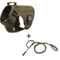 Outdoor tactical dog vest with leash in polyester, available in black, green, mud colour, and camouflage, sizes S-XL