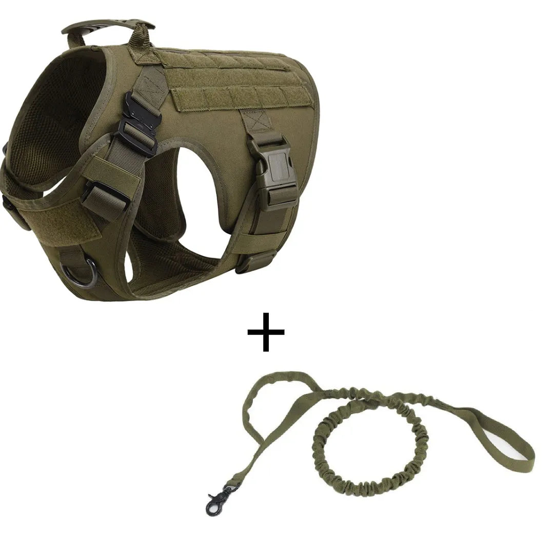 Outdoor tactical dog vest with leash in polyester, available in black, green, mud colour, and camouflage, sizes S-XL