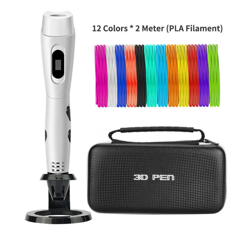 White 3D printing pen with USB cable and PLA filament roll for creative drawing