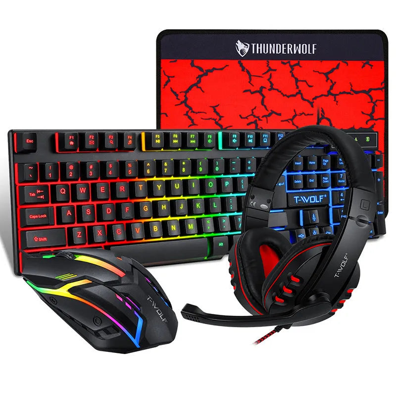 Thunder Wolf T800 wired gaming bundle showing keyboard, mouse, headset, and mouse mat with RGB lighting