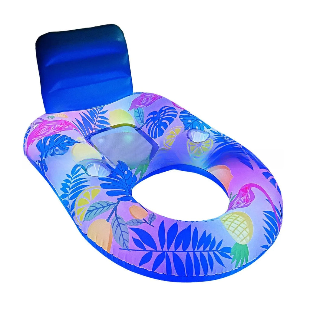Large white luminous inflatable floating bed with backrest reclining in a swimming pool