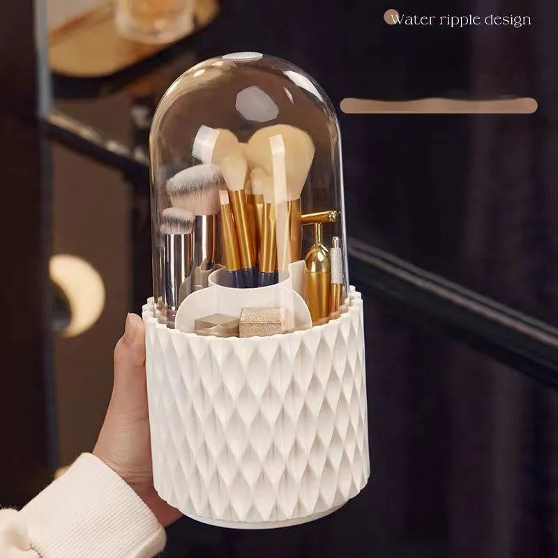 White rotating transparent acrylic makeup brush holder with dust-proof lid on desktop