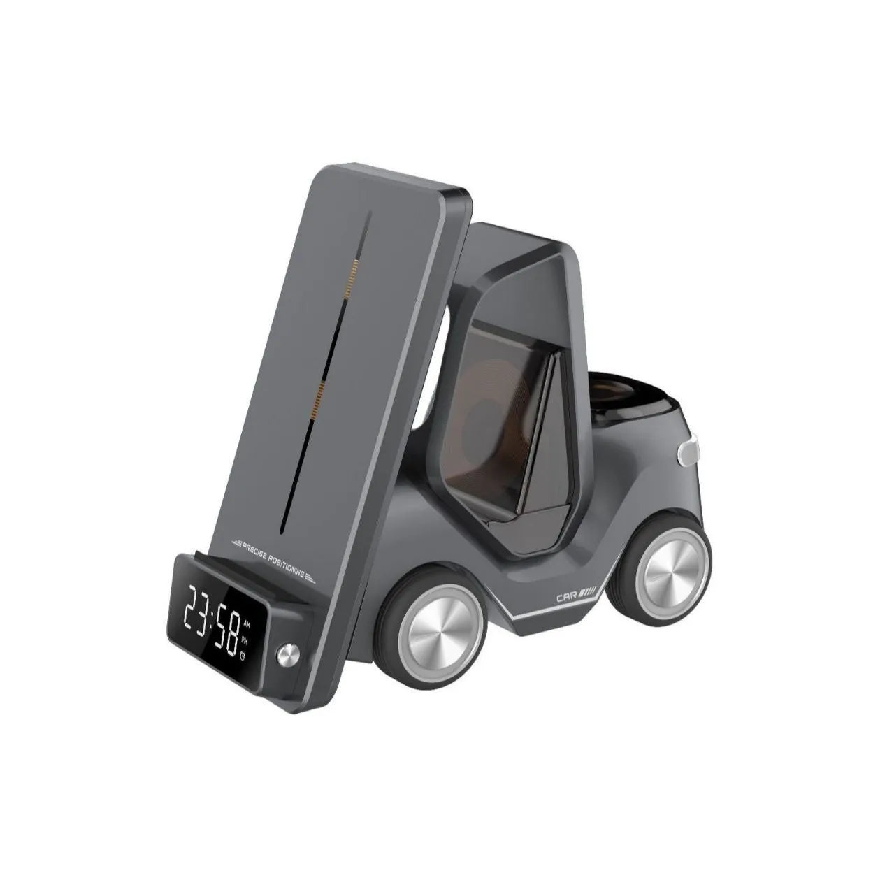 Grey 3-in-1 wireless charging stand holding a phone, smartwatch, and earbuds case at an angle.