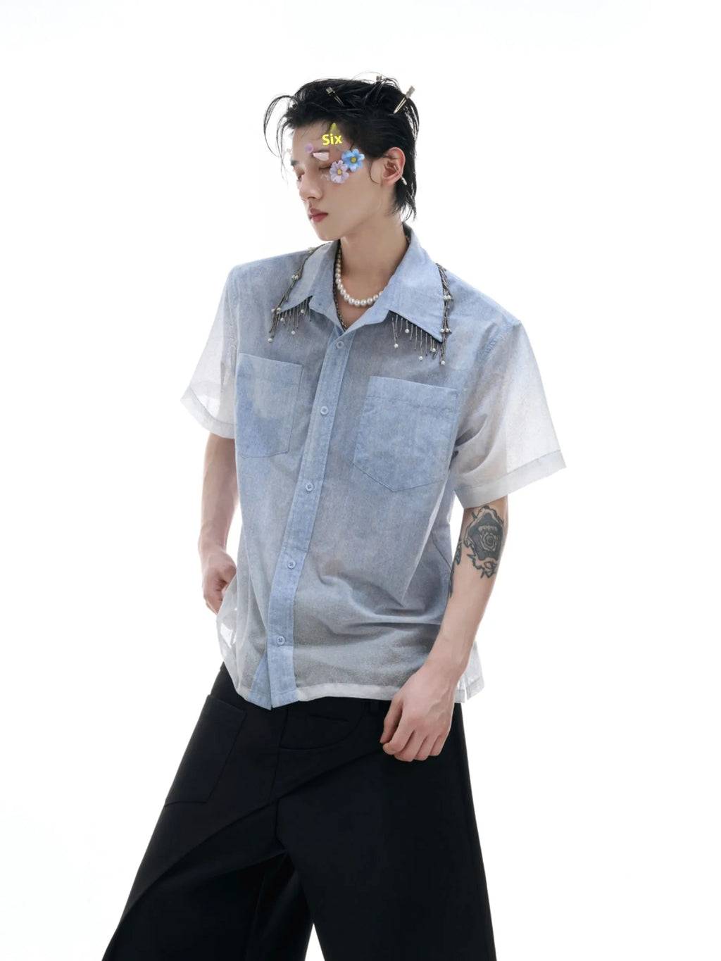 Blue and white gradient loose fit short sleeve casual shirt on a hanger.