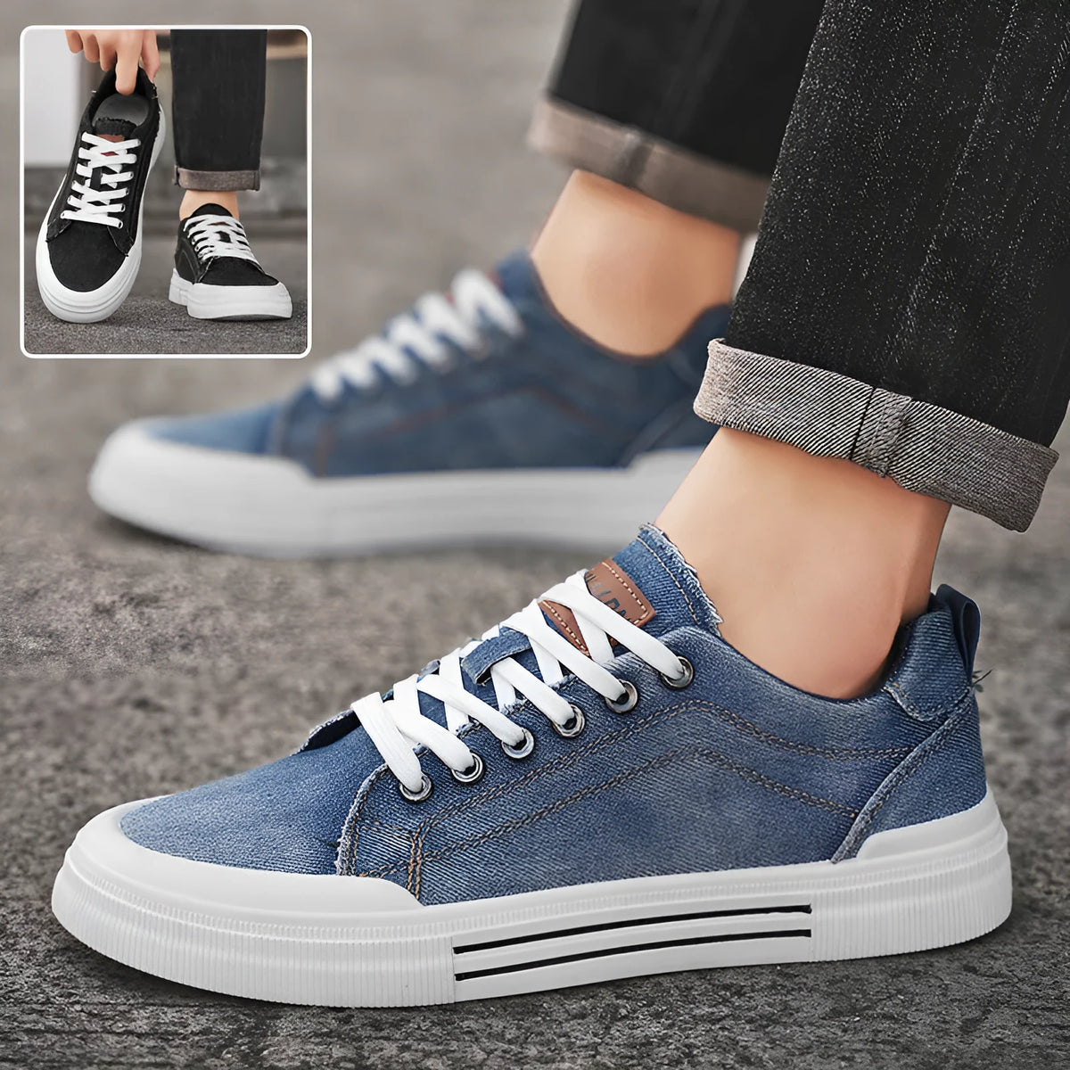 Men's low top canvas sneakers in black or blue with front lace-up fastening and injection moulded plastic sole, sizes 39-48