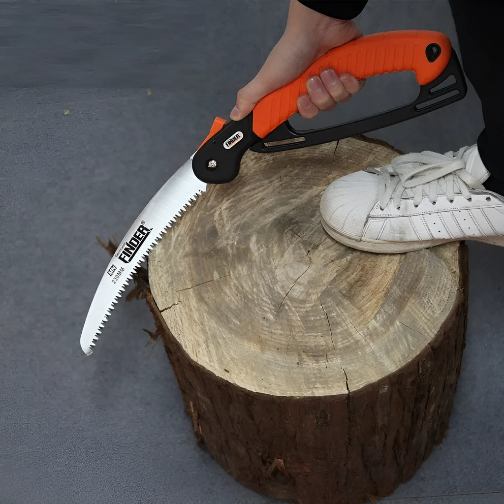 A folding garden saw with a black TPR handle and a metallic 230mm saw blade, shown both open and closed.