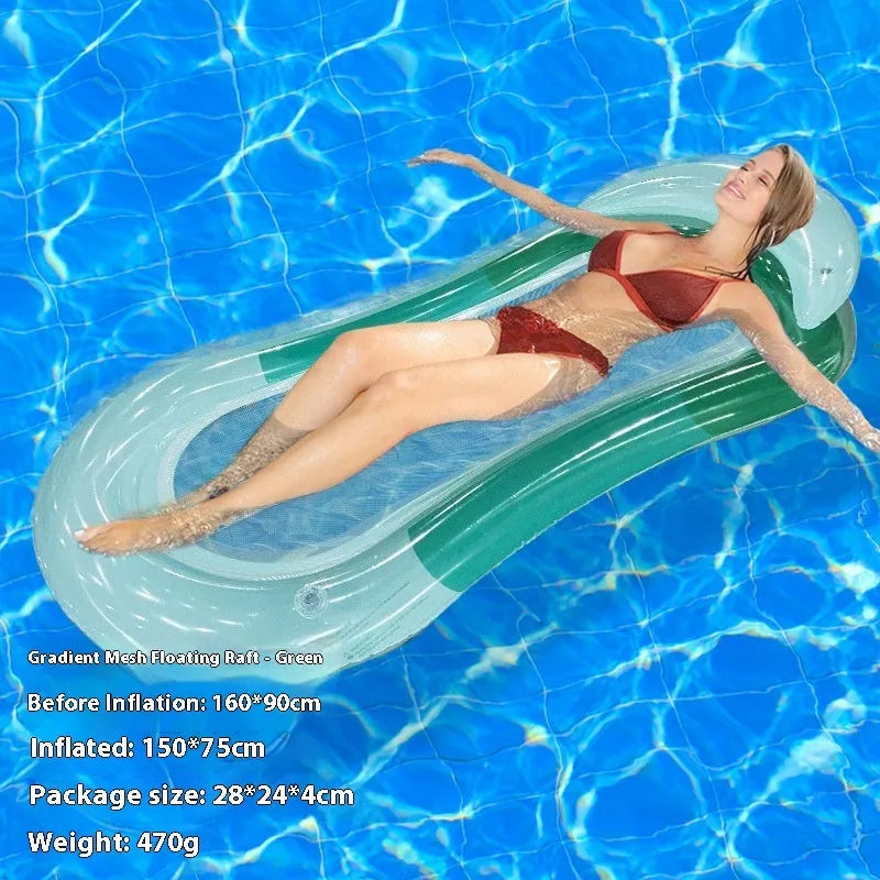 PVC inflatable floating row pool lounger in a mesh deck chair design with bright gradient colour wave.