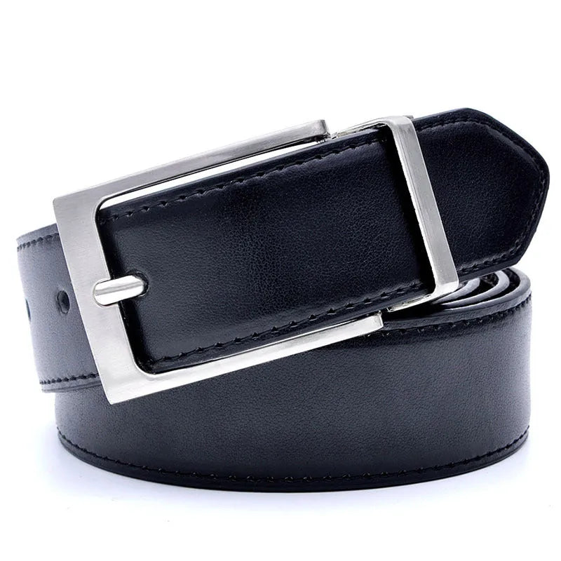 Men's dark brown and black genuine leather belt with a silver rotating pin buckle on a white background.