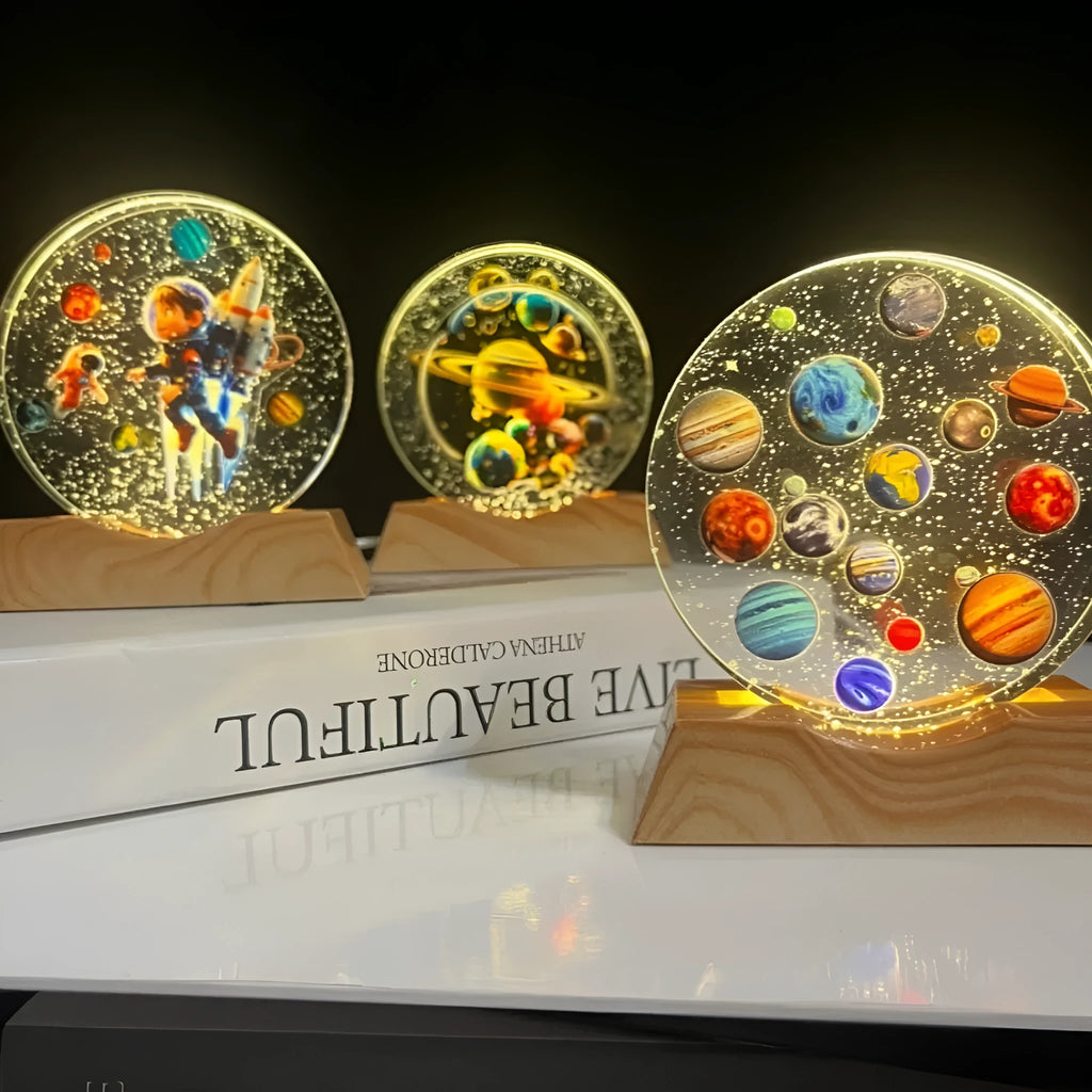 Crystal night light with custom single-sided print on glass ring, epoxy resin construction, Type 7 desk lamp