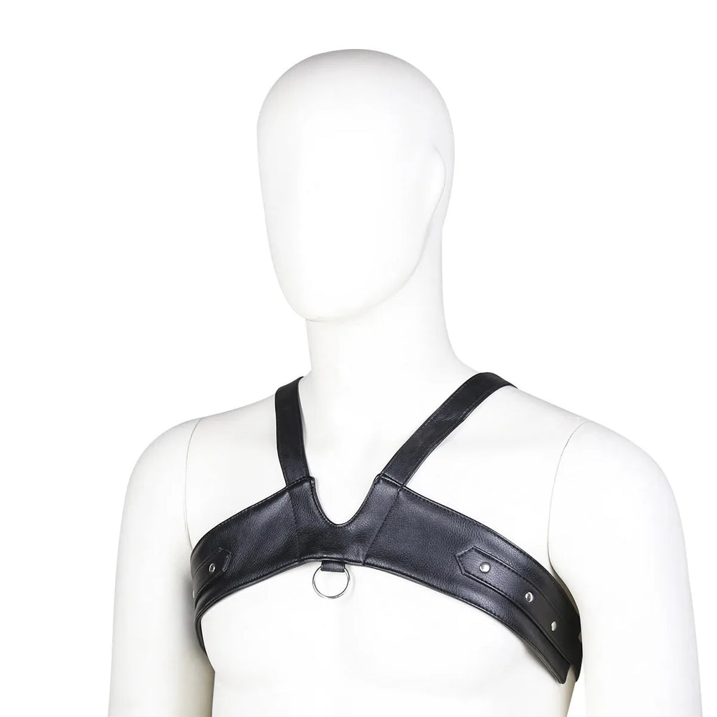 Men's black leather adjustable chest strap for intimate wear