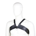 Men's black leather adjustable chest strap for intimate wear