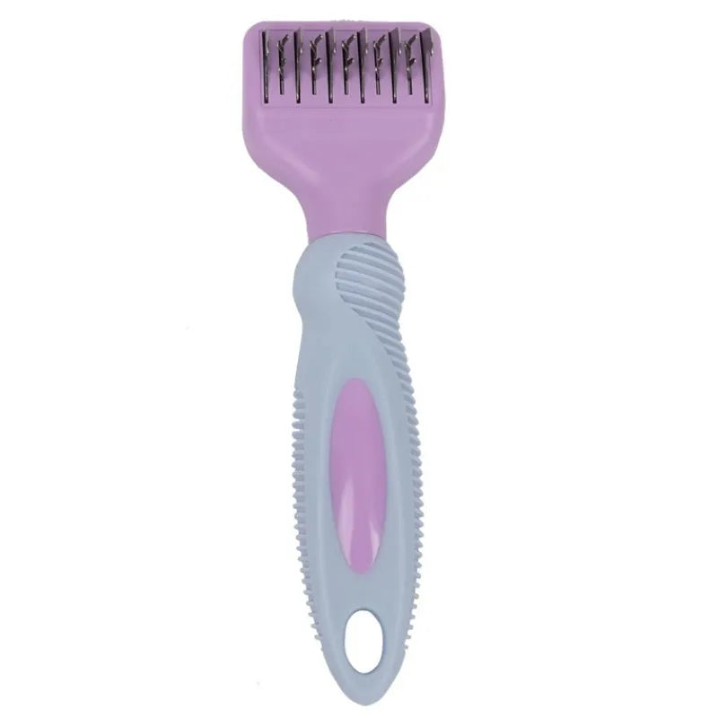 Stainless steel pet grooming comb with de-matting blade and massage bristles in pink or purple