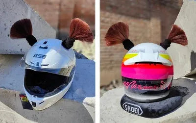 Pair of synthetic braid decorations and adhesive tube for customising motorcycle or ski helmets.