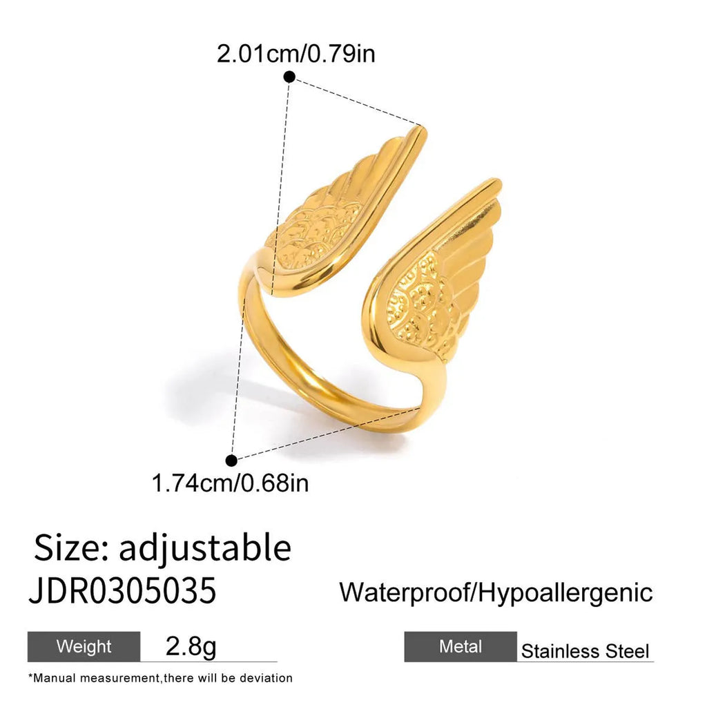 Wings design opening ring made of stainless steel with an electroplated finish, shown in one of five available colours.