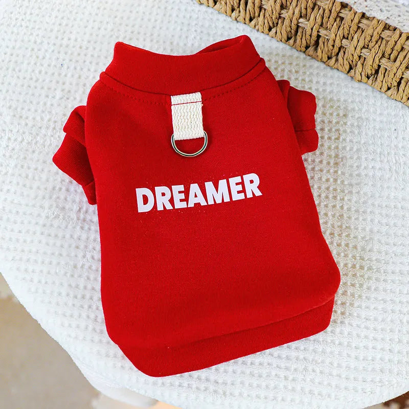 Pet traction sweater in black or red polyester with open buttons, sizes XS to XL