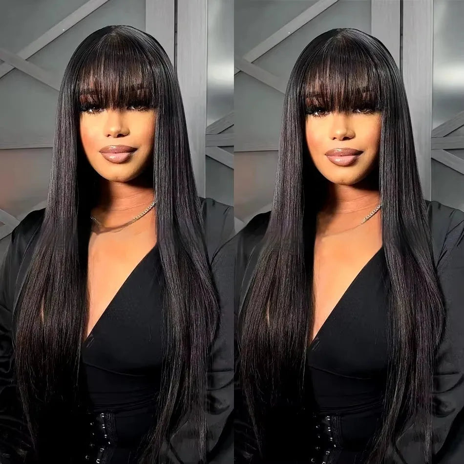 Women's natural colour human hair wig on a full-mechanism headgear, showing long length options.