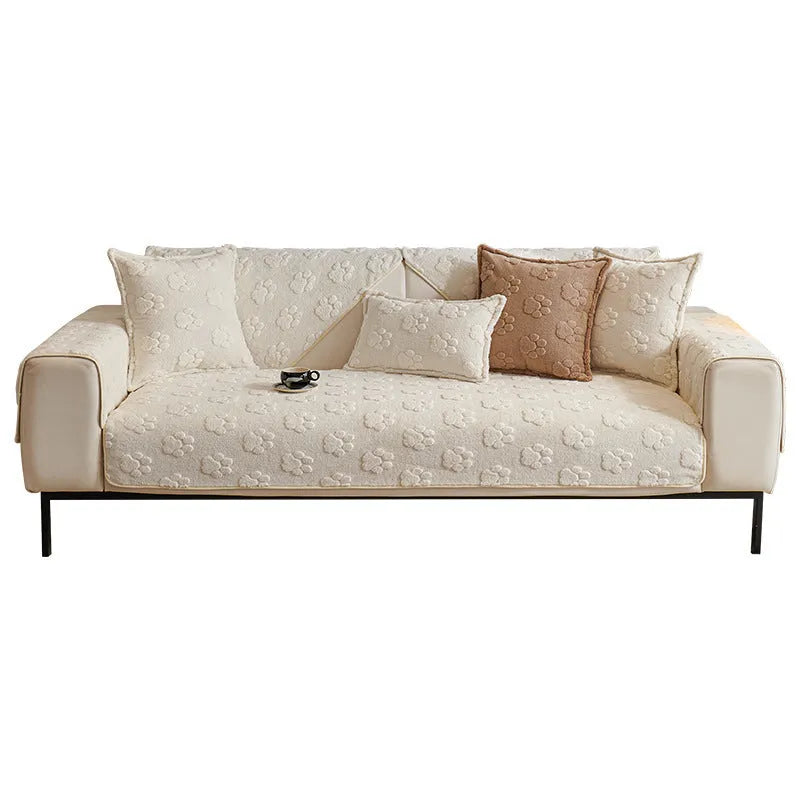 Thickened fleece non-slip sofa cushion in plush solid colour, available in beige, grey, khaki, and pink