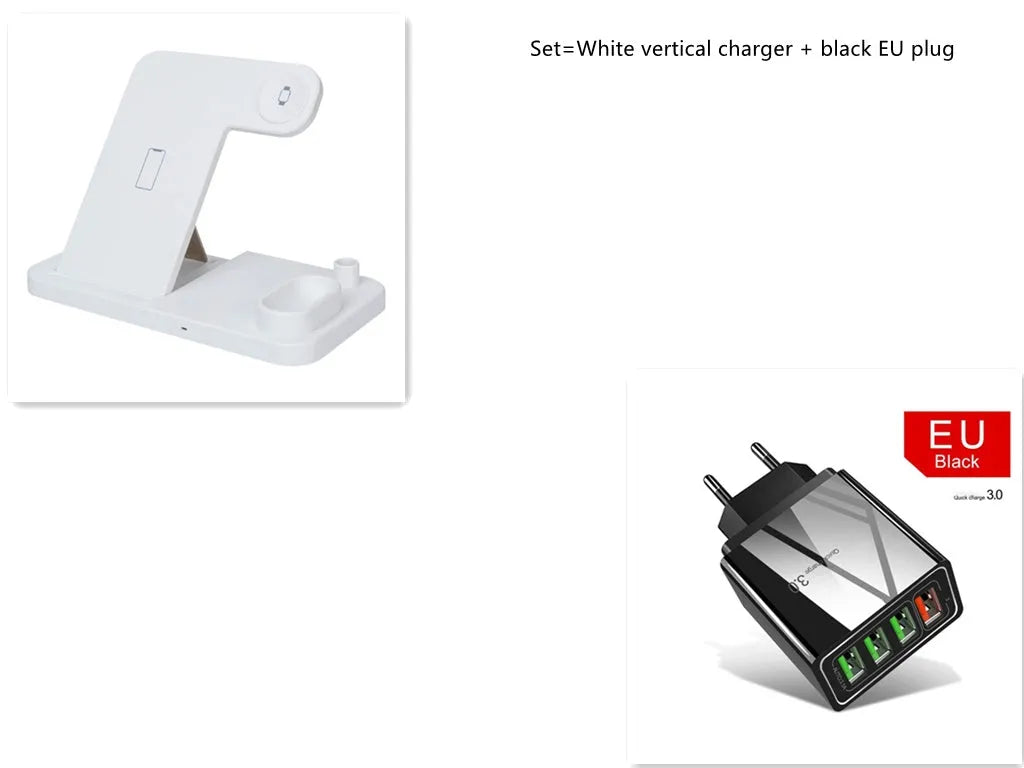 4-in-1 wireless charging dock showing iPhone, Apple Watch, AirPods and Apple Pencil charging simultaneously on adjustable stand.