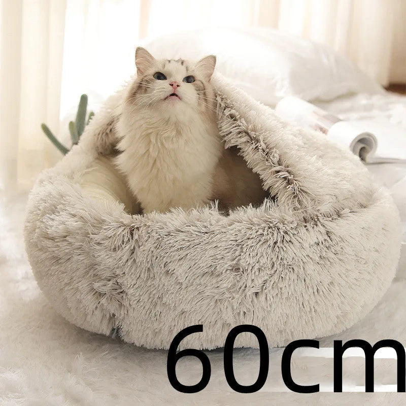 Round plush pet bed in brown for cats and small dogs, size 40cm
