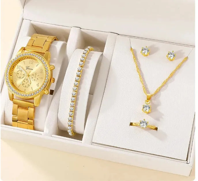 Women's casual quartz watch suit with 36mm dial, 8mm alloy watchcase, bracelet, earrings, necklace, and ring in silver, rose gold, or gold