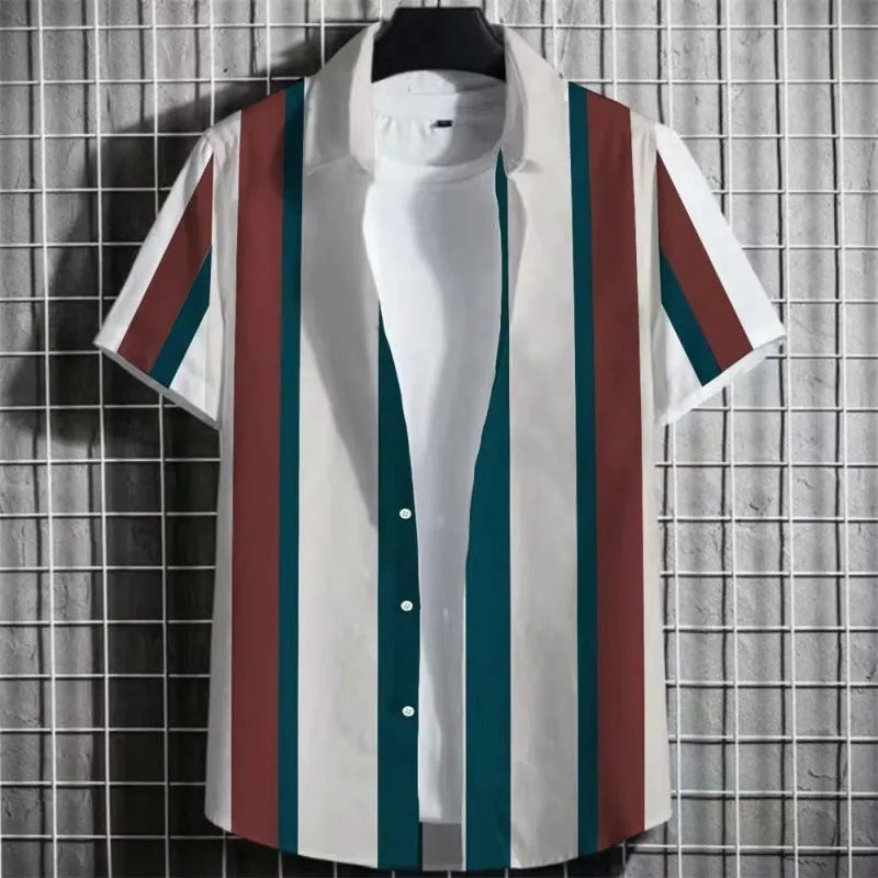 Men's linen short sleeve T-shirt with a 3D printed striped pattern, shown in multiple colour options.