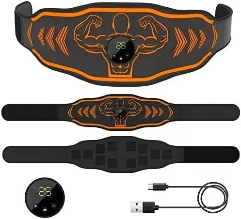 Blue and orange EMS smart massage belt with arm stickers and rechargeable host unit