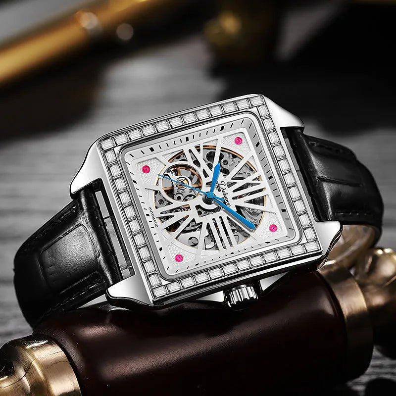 Men's square-faced automatic watch with diamond studs on a black steel bracelet, model 6066A.