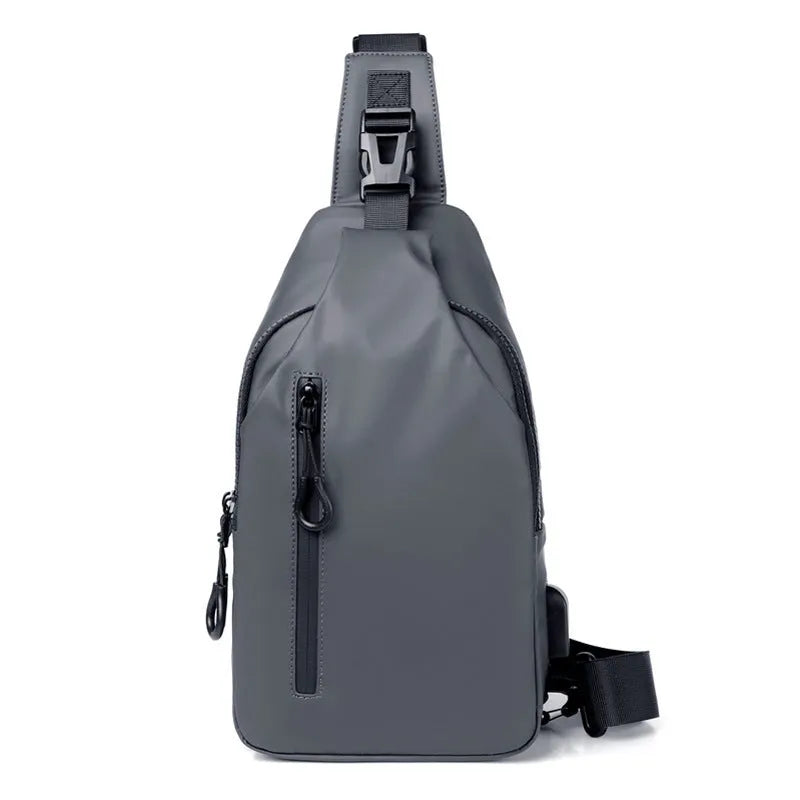 Black sling crossbody backpack for men with zipper and polyester lining, vertical square shape, solid colour design
