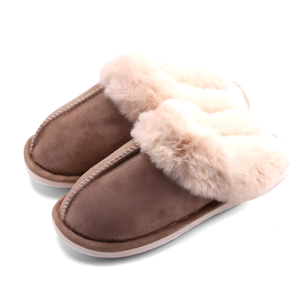 Grey fur furry slippers with plush velvet upper and TPR sole on indoor floor