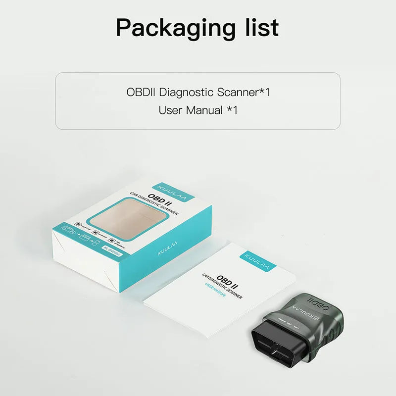Green plastic Bluetooth OBD auto fault detector with user manual and packing box