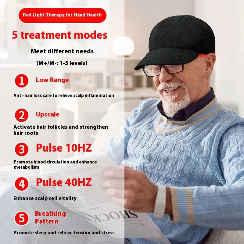 Black infrared hair growth peaked cap with 180 LED red light therapy for scalp treatment