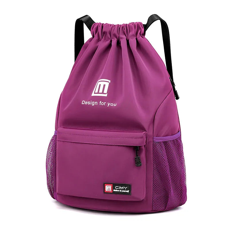Water-repellent Oxford travel backpack with drawstring closure in black colour showing bucket shape and double shoulder straps