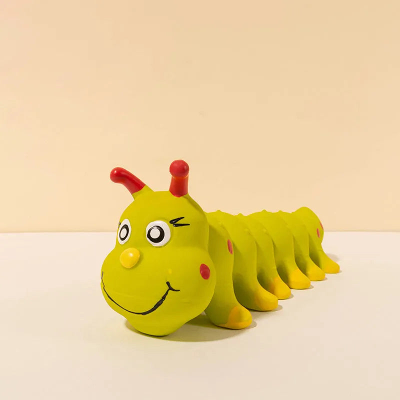 Yellow caterpillar-shaped dog rubber squeaky toy measuring 25.5cm long
