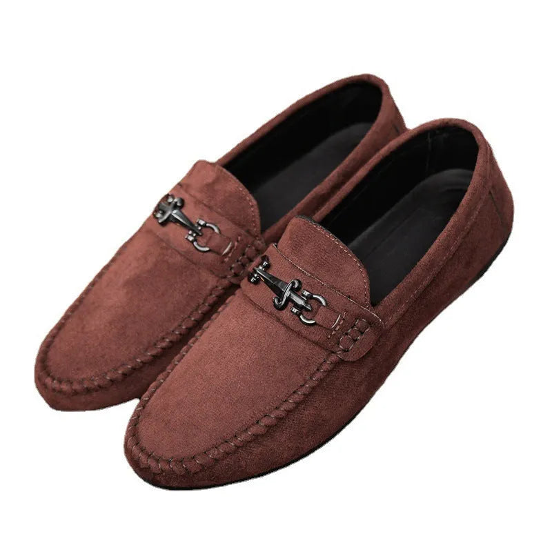 Men's black waterproof slip-on loafers with artificial PU leather upper and rubber sole.
