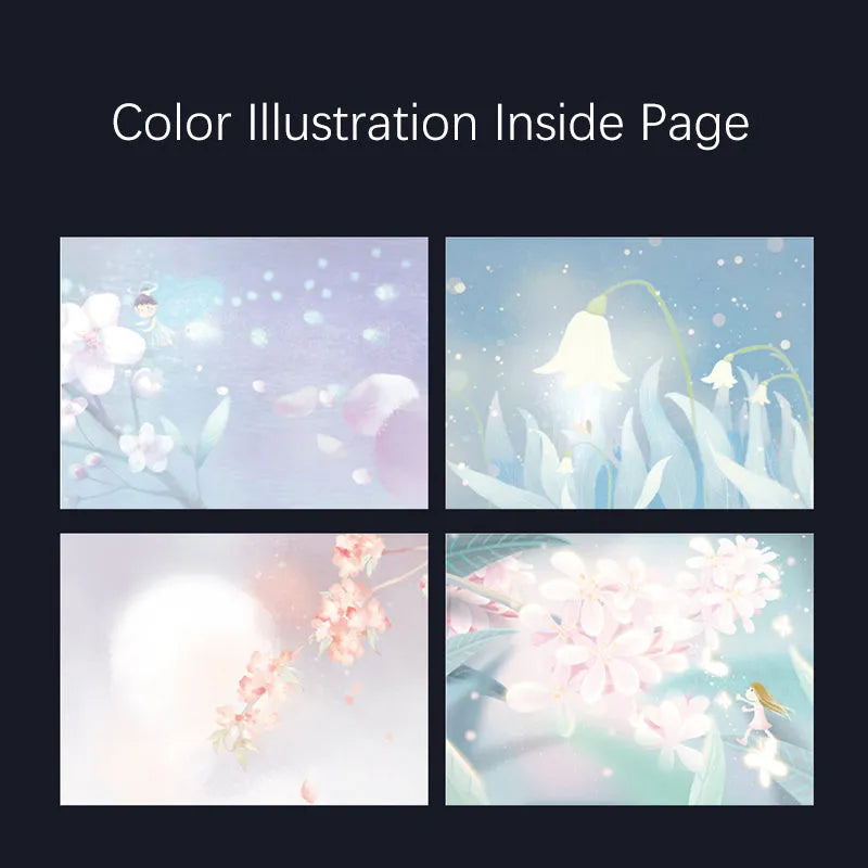 A5 notebook with luminous cover showing colour options: deep blue, gold, light blue, purple with internal colour illustrations