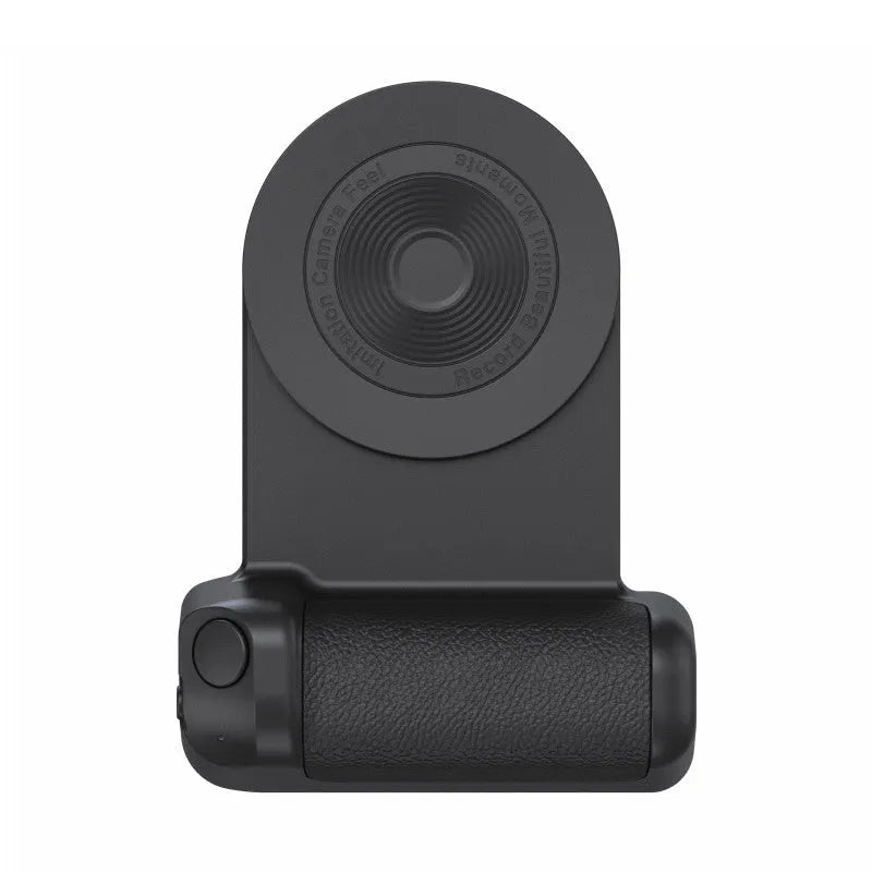 Black magnetic camera handle bracket for smartphone photography with rotatable design and ergonomic grip