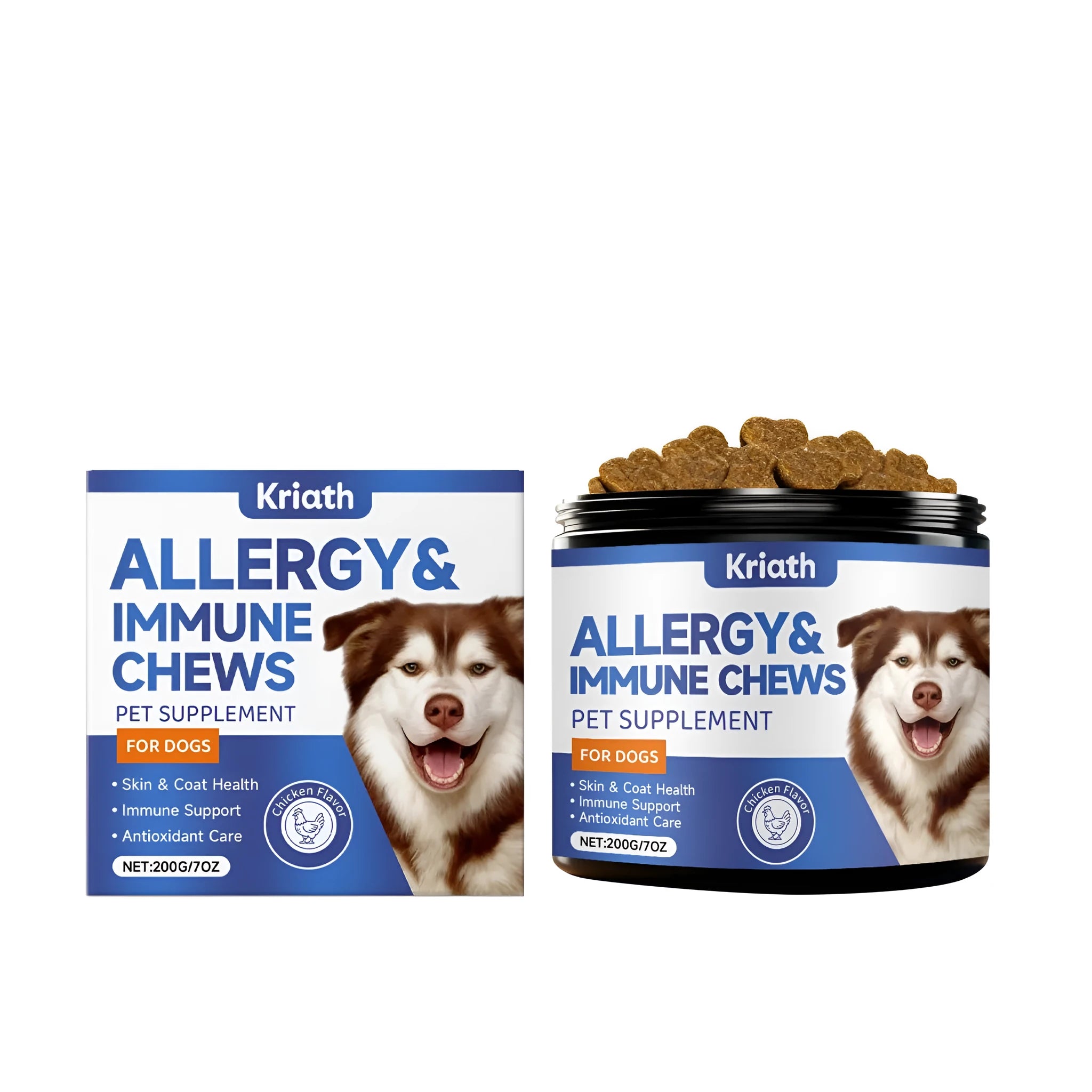 Pet soft granules for dog skin health support in a 200g pack with ingredient list including colostrum, fish oil and turmeric
