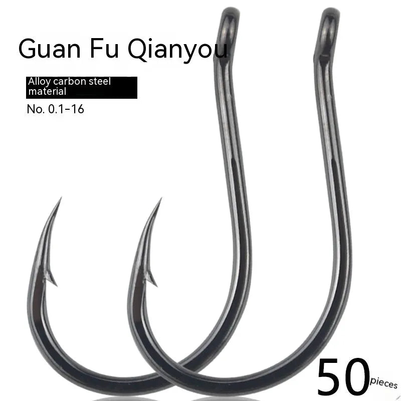 Bulk pack of alloy carbon steel barbed fishing hooks with a hole ring, suitable for rock and sea fishing.