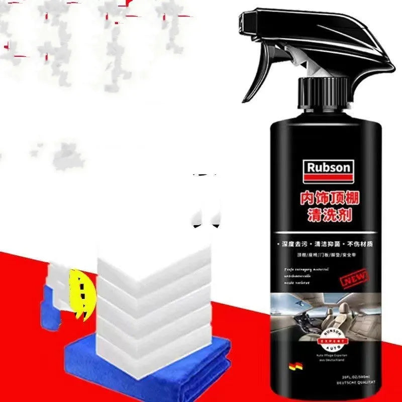 Wash free fabric roof foam cleaner bottle with towel and sponge wipes for ultrasonic ceiling cleaning.