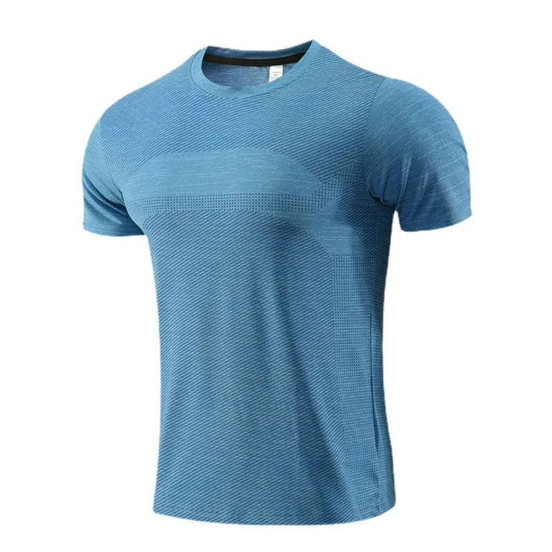 Short-sleeved red running t-shirt made from polyester spandex fabric, laid flat.