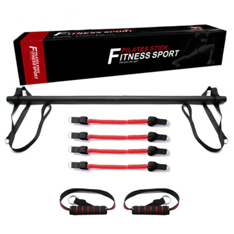 Pilates stick fitness set with black red foldable rod and two resistance bands for yoga and strength