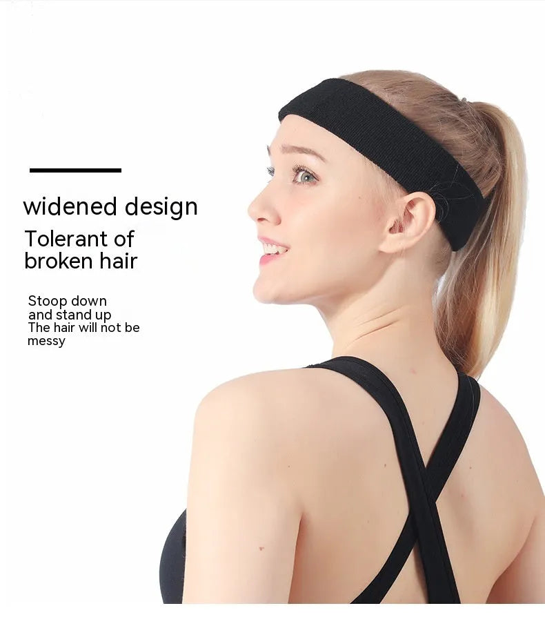 Solid colour elastic widening sports sweatband for fitness in black, red, blue, rose red, or sky blue.