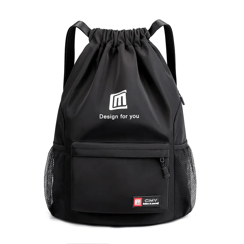 Water-repellent Oxford travel backpack with drawstring closure in black colour showing bucket shape and double shoulder straps