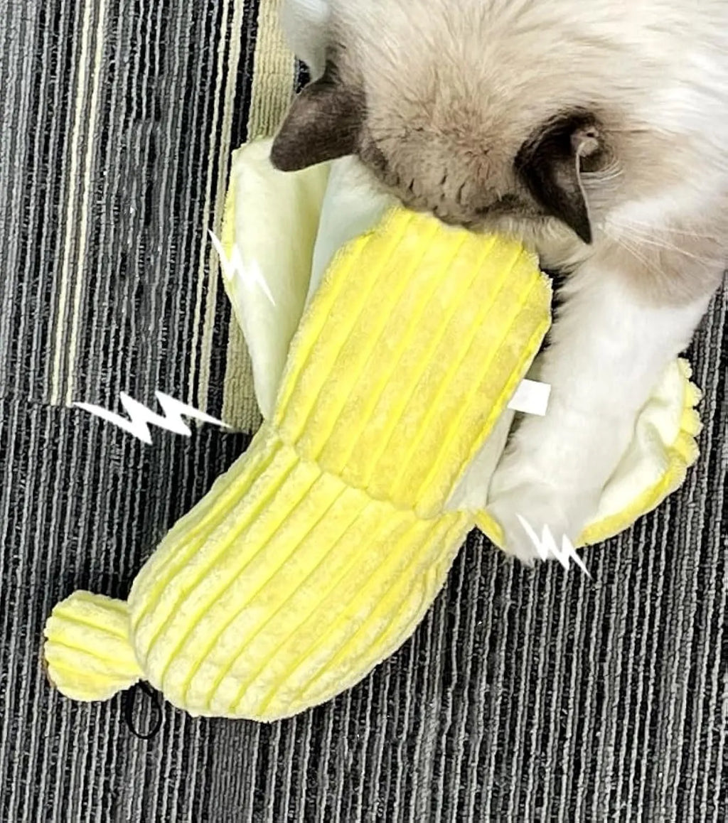 Yellow banana cat toy with crinkle paper and plush fabric for indoor cat play