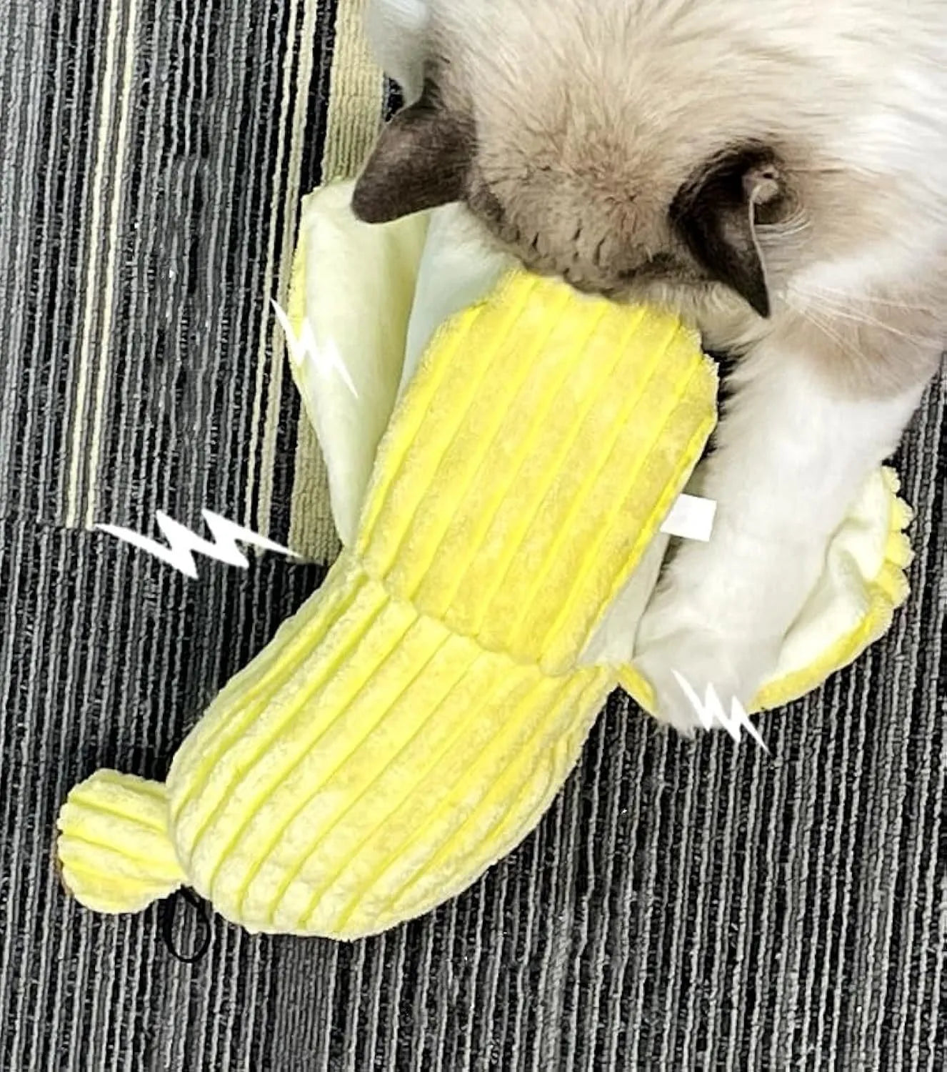 Yellow banana cat toy with crinkle paper and plush fabric for indoor cat play