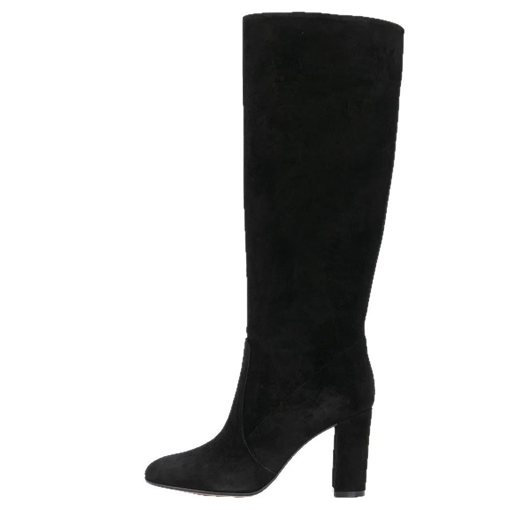 Suede pointed toe block heel ankle boots in black with oversleeve styling and 6-8CM high heel