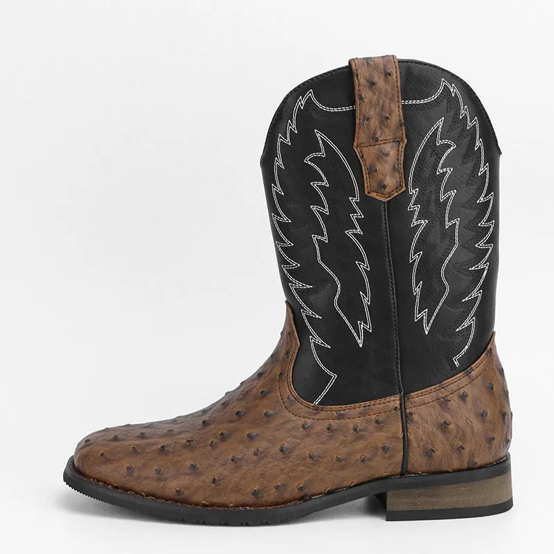 Men's black western style square toe motorcycle boots with artificial leather upper and rubber sole