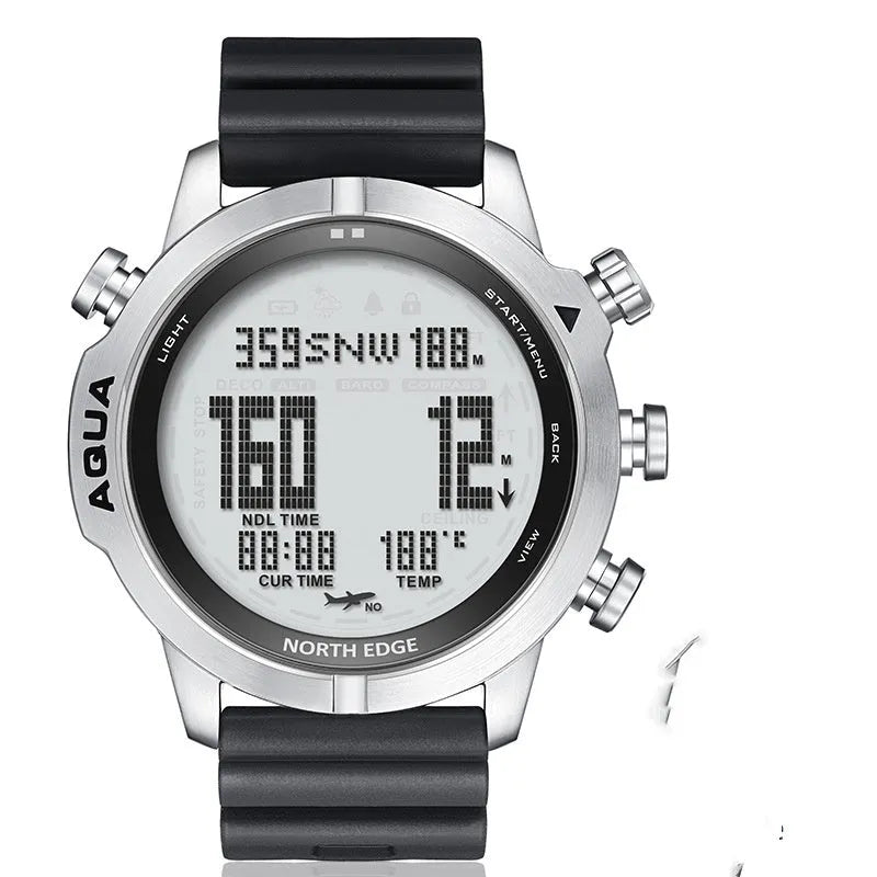 Black and white dial smart watch for outdoor sports with altitude and air pressure measurement functions.