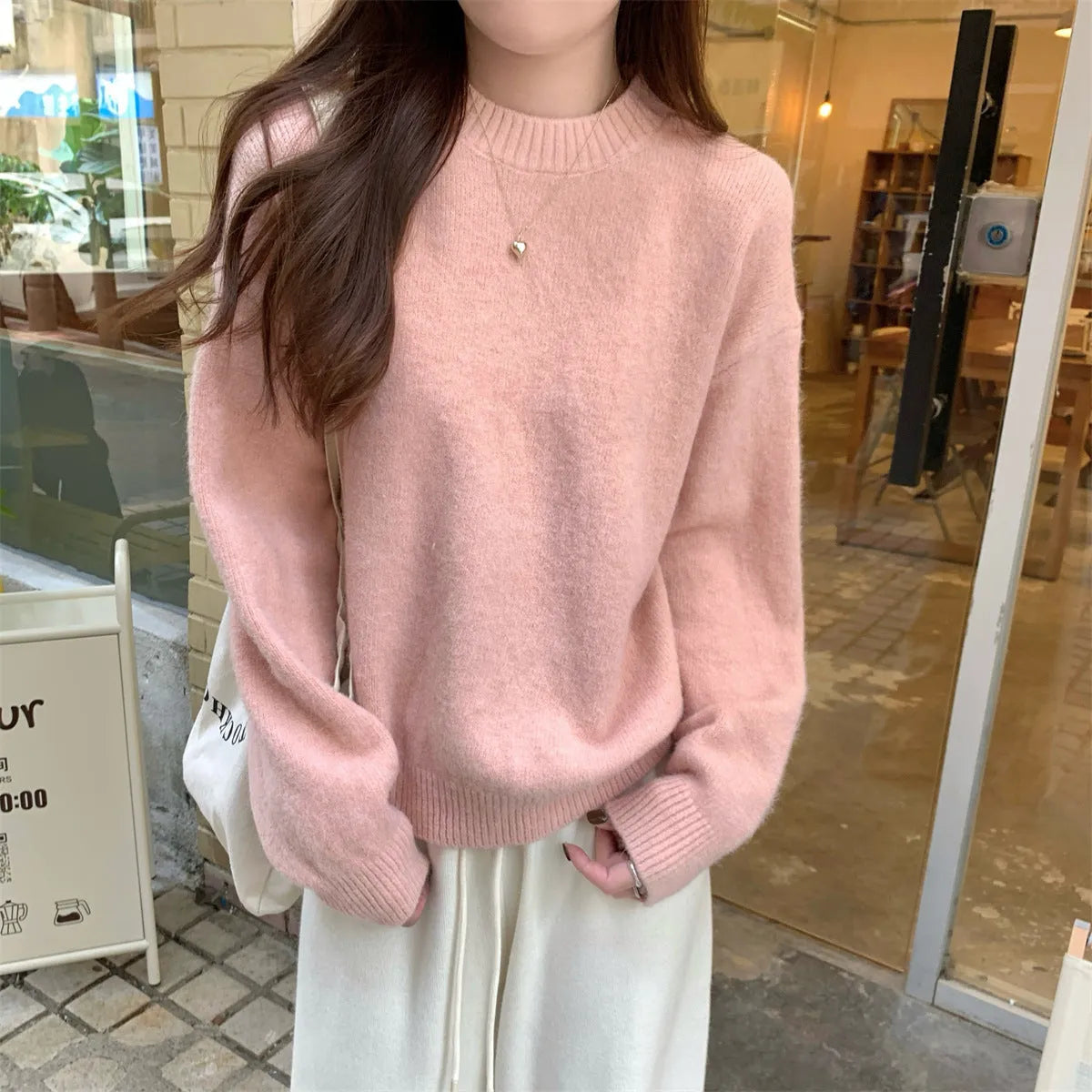 Korean style soft glutinous loose drop-shoulder sleeve sweater in candy colour, solid pattern with wavy elements, acrylic fibre